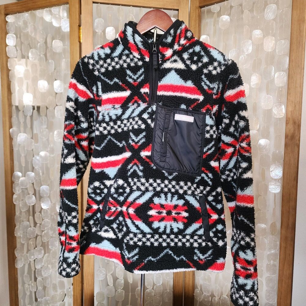 Columbia Fleece Pullover Womens S Black Red Aztec Print 1/4 Zip Sherpa Jacket